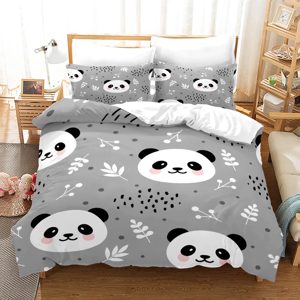 3D Panda Duvet Cover Set King Size Cute Panda Bamboo Bedding Set Black White Bear Polyester