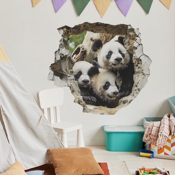 3D Panda Wall Sticker Panda Bear Wall Decal Animals Decor Mural Wall Stickers Mural Smashed Wall Art Removable Poster For Bedroom Living Room Playroom Nursery Office