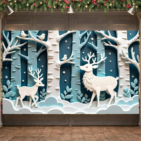 3D Paper Art Winter Forest Banner Blue White Color Deer Display Deer Pattern Snowflake Decor Snowy Backdrop for Winter Party Christmas Decoration Indoor Event