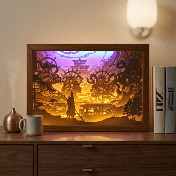 3D Paper Carving Light Box LED Shadow Box Night Light Oriental Myth Warrior Silhouette Desk Lamp Decorative Table Light for Bedroom Living Room Home Decor Unique Art Gift