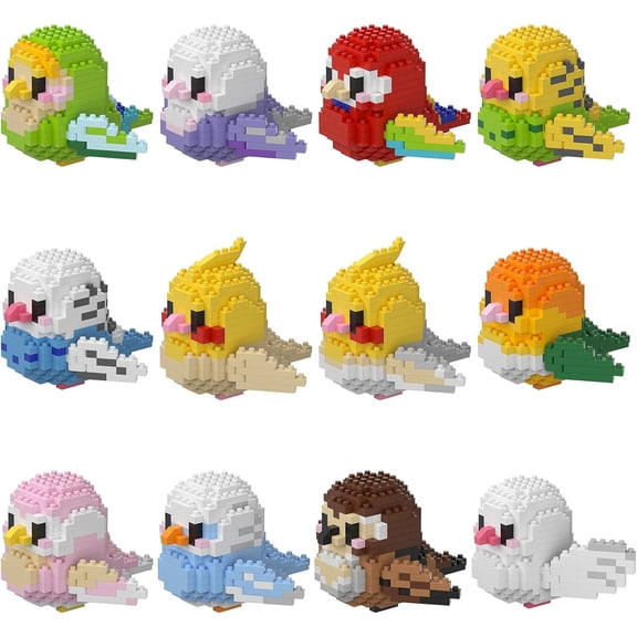 3D Parrot Building Bricks - Bird Mini Blocks for Home & Office Decor, STEM Creative Construction Toy for Kids & Adults, Detailed Bird Model Kit(12 Pack Set)