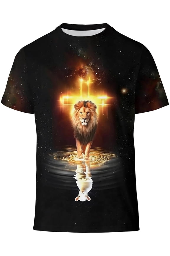 3D Pattern T-Shirt - Cosmic Lion And Lamb Religious Symbol All-Over Print, Colorful Heat Transfer Short Sleeve Street Style Top, Holiday Casual Wear - Machine Washable, Cosmic Design