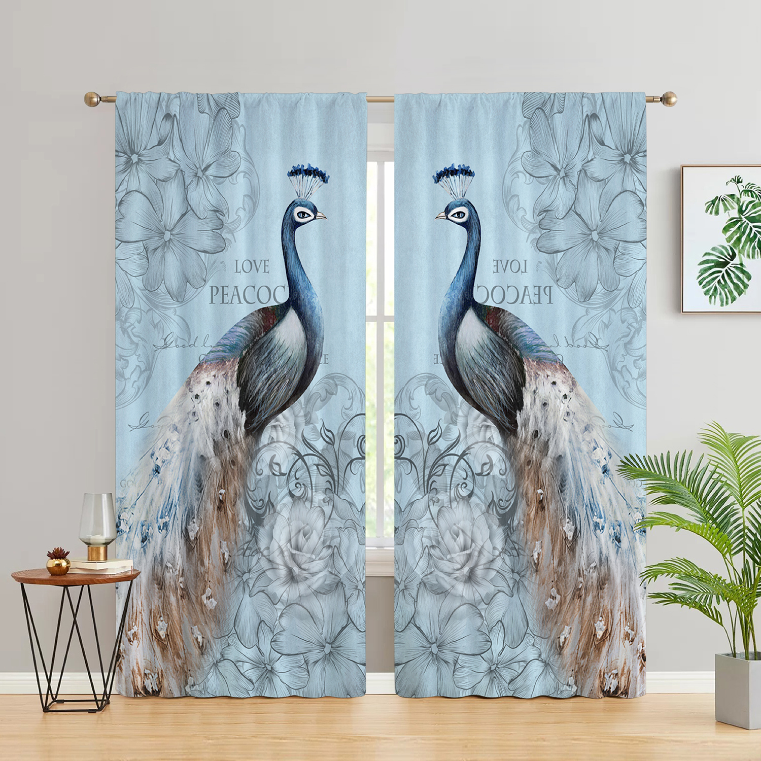 3D Peacock Curtains Blue Beautiful Bird Flower Plant Watercolor Print