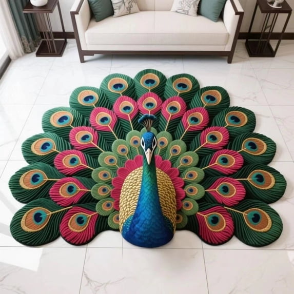 3D Peacock Floral Doormat, 24x24 Inch Non-Slip Entrance Rug for Indoor Outdoor Use, Water-Absorbent Easy Clean Floor Mat