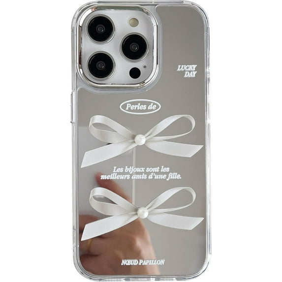 3D Pearl Bow Plating Makeup Mirror Acrylic for iPhone Case (Silver,iPhone 15 Pro Max)
