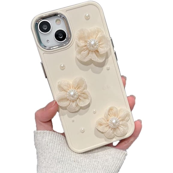 3D Pearl Flower Candy Color Plated Camera Lens Protector Soft for iPhone Case (White,iPhone 15)