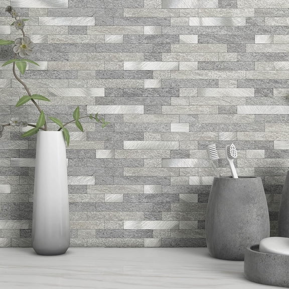 3D Peel and Stick Gray Stone Brick Backsplash Tiles, 10pcs Set for Kitchen and Bathroom Wall Decor