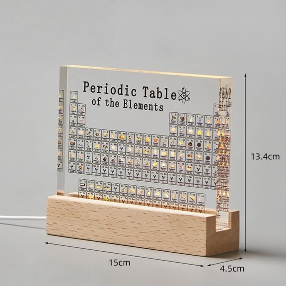 3D Periodic Table Desk Lamp Real Element Specimens Display LED Night Light with Wooden Base USB Powered for Office Study Room Decor Virelaxpo