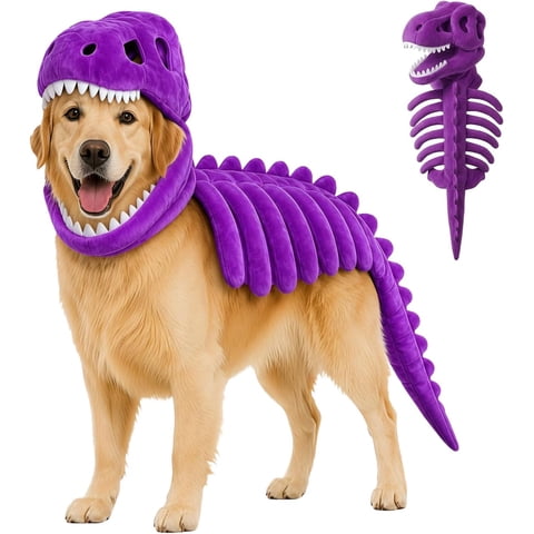3D Pet Dinosaur Skeleton Costume, Cozy Plush Cat/Dog Halloween Costumes | 90cm Wearable Dinosaur Skeleton Plush Costume, Realistic Dino Skeleton Cosplay Hood Outfits for Small, Medium, Large Pets