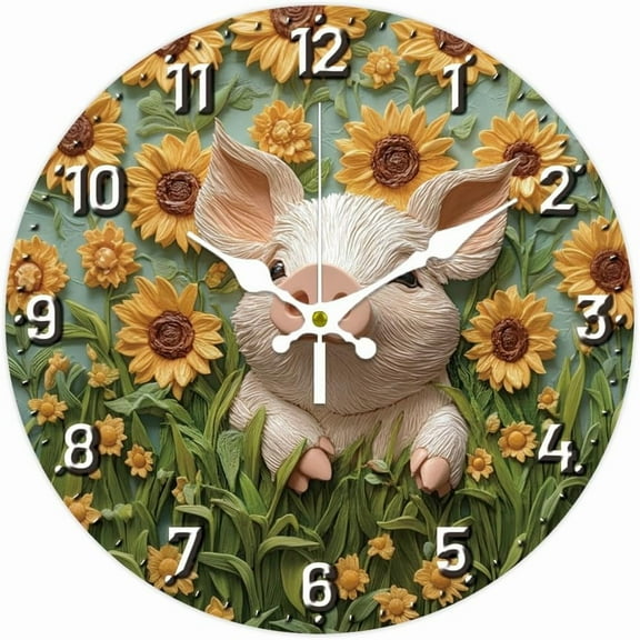 3D Piglet Wall Clock Sunflowers Non-Ticking Clock 12 Inch Round Decorative Clocks Printed Wall Clocks for Home Office Decoration Colorful DIY