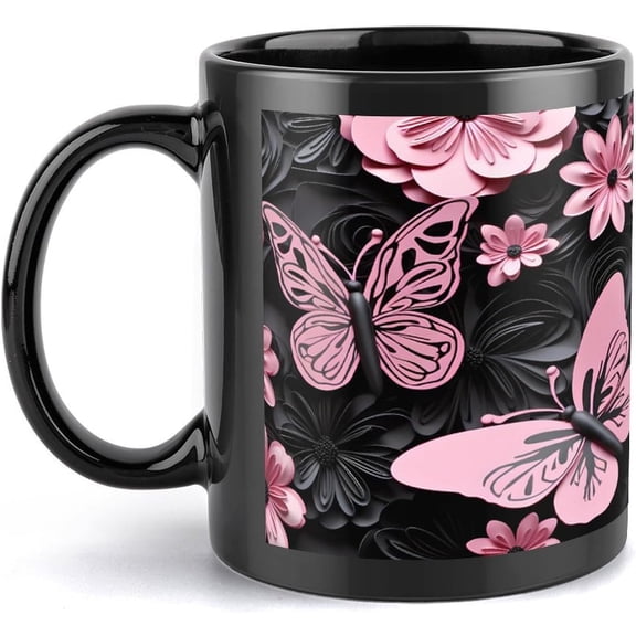 3D Pink Black Butterflies 11 Ounces Funny Black Mug - Cute Coffee And Tea Mug - Ceramic Coffee Mugs For Women And Men