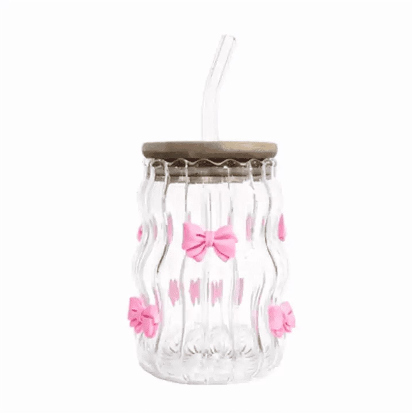 3D Pink Bow Glass Cup with Bamboo Lid & Straw,15OZ Bows Glass Coffee ...