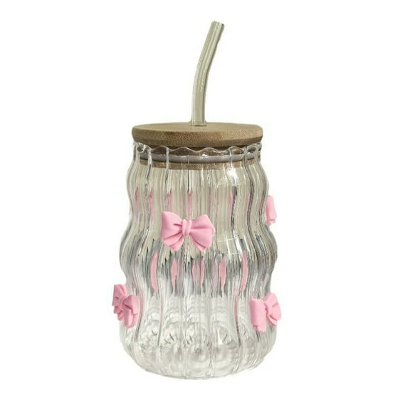 3D Pink Bow Glass Cup with Bamboo Lid & Straw,Cute Glass Cups with Lids and Straws,Bow Tumbler for Iced Coffee/Matcha