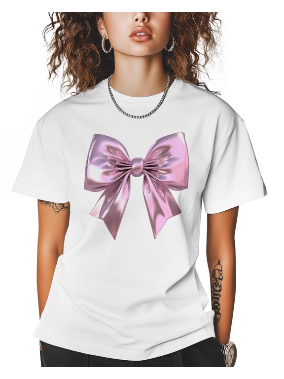 3D Pink Bow T Shirts for Women Short Sleeve Cotton Crewneck T-Shirt Dreamy Geometric Bow Tie Tee Tops Casual Basic T-Shirts, XS-5XL White S