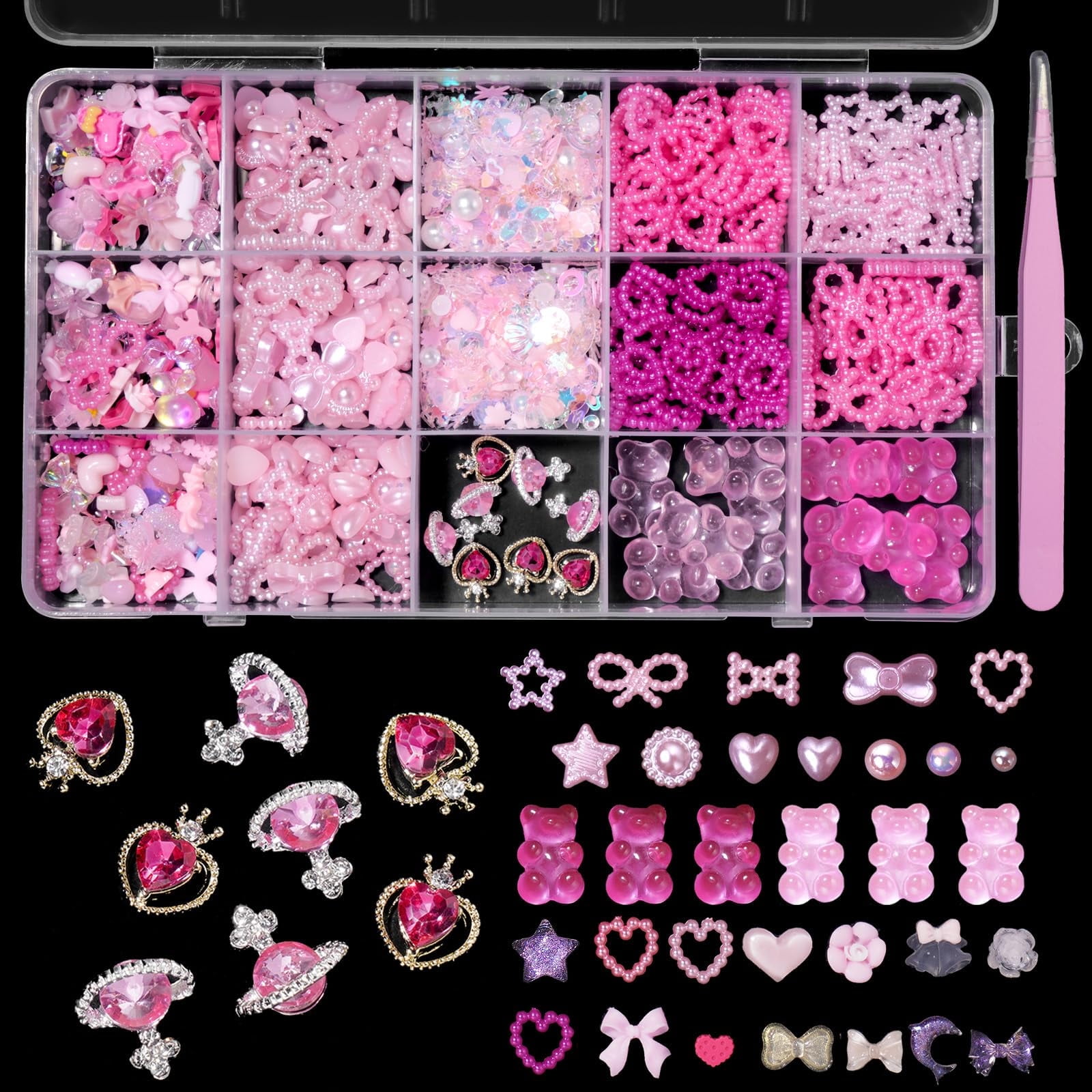 3D Pink Color Assorted Pearls Gems Nail Charms Heart Butterfly Bow Bear Nail Charms Star Bows Pearls Planet Nail Charms for Manicure DIY Crafts Jewel Accessories