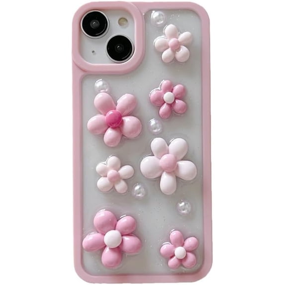 3D Pink Flower Pearl Glitter Powder Clear Soft for iPhone Case (Clear,iPhone 15 Pro)
