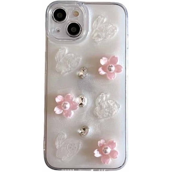 3D Pink Flowers Diamond Rabbit Hard Phone Case Compatible with iPhone Case (White,iPhone 12 Pro)