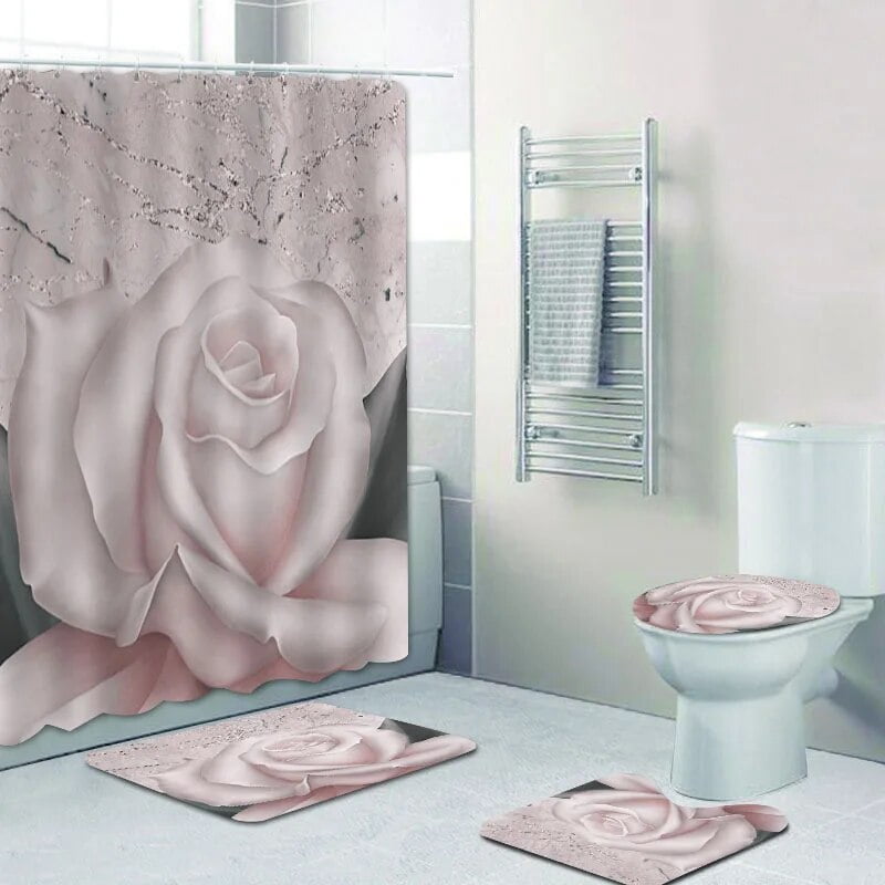 3D Pink Rose Shower Curtains Set Elegant Modern Chic Floral Bath