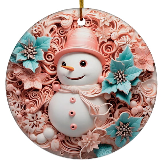 3D Pink Snowman Ornament, Custom Christmas Ornament, Christmas Round, Ceramic Christmas Ornament, Family Christmas Ornament, Christmas Birthday Gifts For Dad