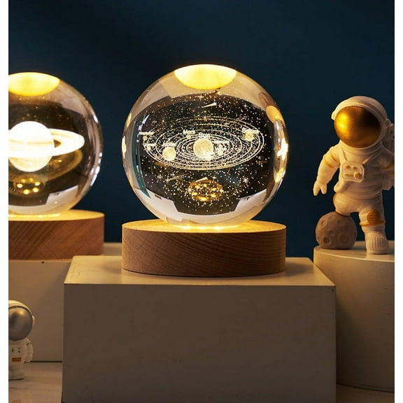 3D Planet Crystal Ball,with Wooden Base,3D Crystal LED Night Light,Space Galaxy Crystal Ball,3D Engraved Solar System Planets Crystal Ball with LED Light Base,Home Decoration by PAKASEPT