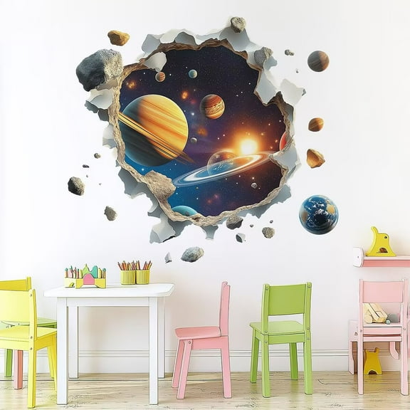 3D Planet Galaxy Astronaut Wall Stickers,Easy Peel&Stick Removable Universe Outer Space Spacecraft View Window Wall Decals for Kids Children Bedroom Living Room Decor
