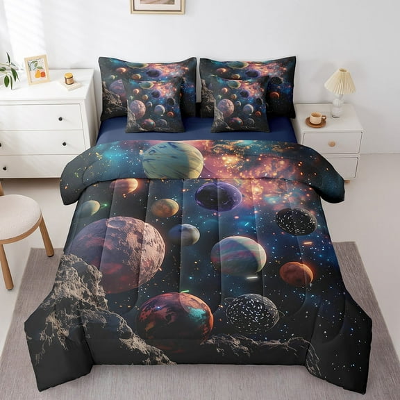 3D Planets Bedding Set Queen Size,Outer Space Comforter Set,Solar System Galaxy (Comforter+Fitted+Flat Sheet+2 Pillowcases+2 Throw Pillow Covers) 7 Pieces Universe Starry Sky Bed Set