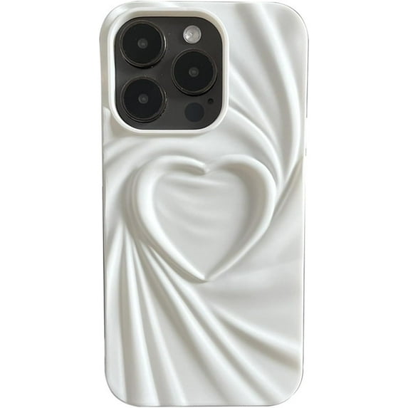 3D Pleated Heart Pattern Solid Color Personalized Phone Case Skin Feel Compatible with iPhone 13 Pro, White