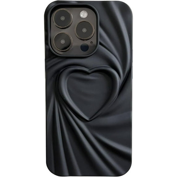 3D Pleated Heart Pattern Solid Color Personalized Phone Case Skin Feel Compatible with iPhone 14 Pro, Black