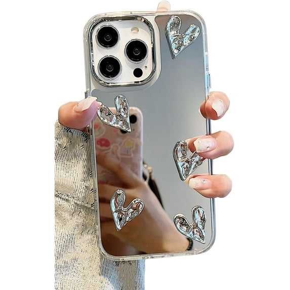 3D Pleated Love Heart Mirror Silver Plated Soft for iPhone Case (Silver,iPhone 11)