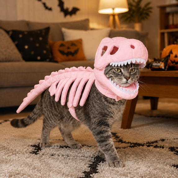 3D Plush Dinosaur Skeleton Costume Pet Cloth, Realistic Spinosaurus Fossil Jumpsuit with Padded Spine and Skull Mask, Spooky Halloween Dress-Up & Role Play Outfit