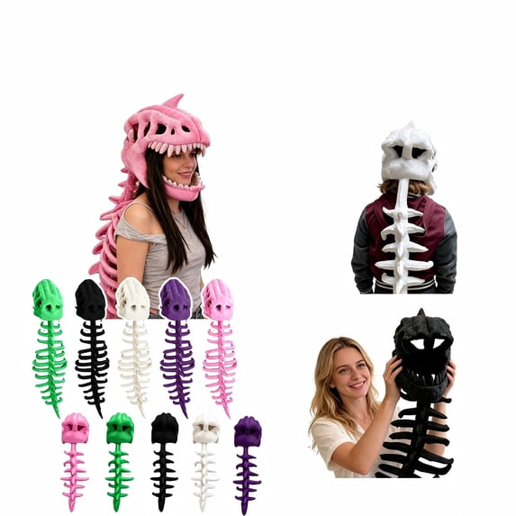 3D Plush Dinosaur Skeleton Costume, Realistic Spinosaurus Fossil Jumpsuit with Padded Spine and Skull Mask, Spooky Halloween Dress-Up & Role Play Outfit for All Age Groups, Black, 46in