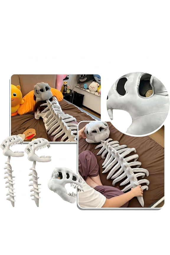 3D Plush Dinosaur Skeleton Costume, Realistic Spinosaurus Fossil Jumpsuit with Padded Spine and Skull Mask, Spooky Halloween Dress-Up & Role Play Outfit for All Age Groups, Skull, With Music