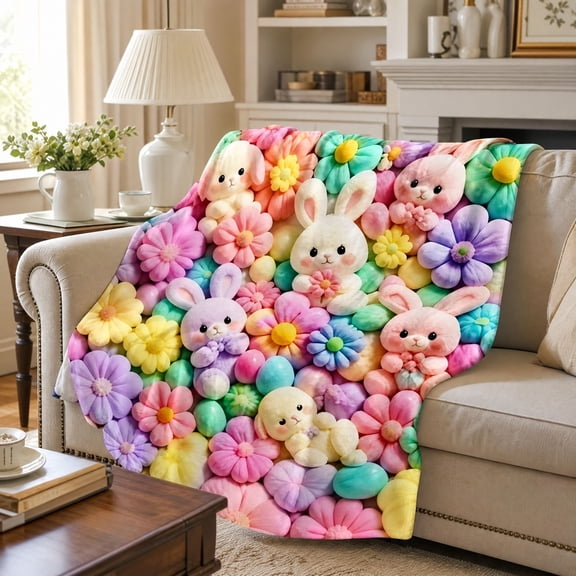 3D Plush Rabbit Blanket, Soft Flannel Kawaii Bear Design, Pastel Floral Printed Cozy Throw for During Naps Reading Bedtime or Sofa Lounging