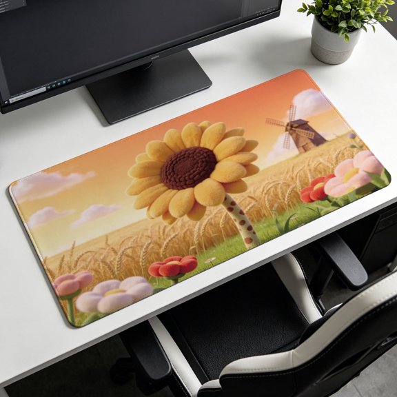 3D Plush Sunflower Wheat Field Windmill Scenery Mouse Pad，Non Slip Rubber Pad，Desktop Decoration Drotection Pad，Washable，Lock Edge Multi Size，Mousepad for Home Office