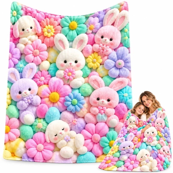 3D Plush Teddy Bear Blanket, Pastel Floral Printed Cozy Throw for Kids