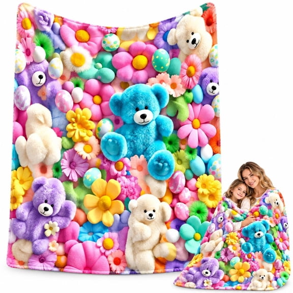 3D Plush Teddy Bear Blanket, Pastel Floral Printed Cozy Throw for Kids