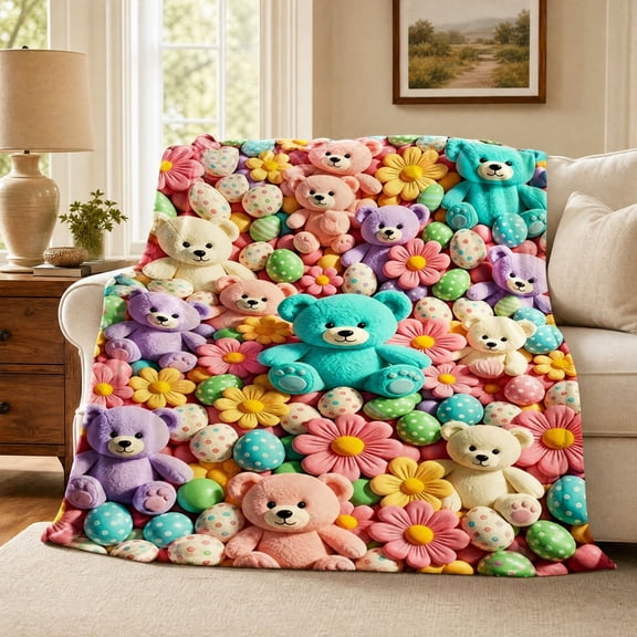 3D Plush Teddy Bear Blanket, Soft Flannel Kawaii Bear Design, Pastel Floral Printed Cozy Throw for During Naps Reading Bedtime or Sofa Lounging
