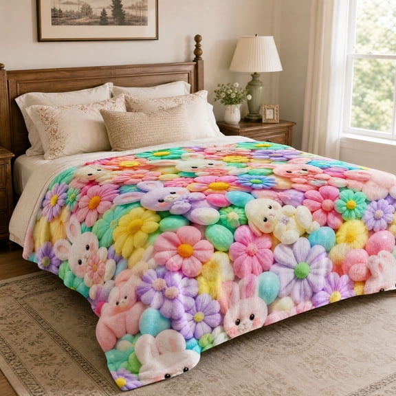 3D Plush Teddy Bear Blanket, Soft Flannel Kawaii Bear Design, Pastel Floral Printed Cozy Throw for During Naps Reading Bedtime or Sofa Lounging