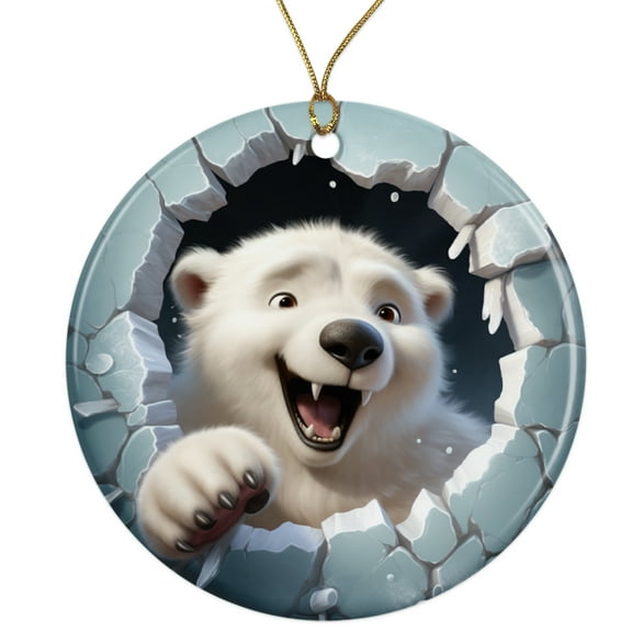 3D Polar Bear Breakthrough Ceramic Ornament - Breakout 3D Cool Design Pop Out - 3 Inch Christmas Tree Round Ornament - Xmas Holiday Decor - String Included - ORN0035