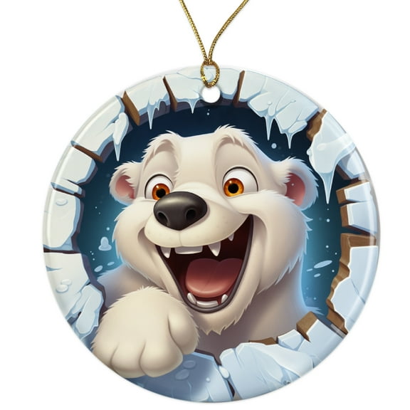 3D Polar Bear Breakthrough Ceramic Ornament - Breakout 3D Cool Design Pop Out - 3 Inch Christmas Tree Round Ornament - Xmas Holiday Decor - String Included - ORN0034