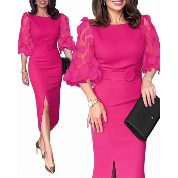 3D Polka Dot Appliques Mesh Lantern Sleeve Zipper Back Slit Work Dress Cinched Waist Slim Fit Mid Length Dress With Belt