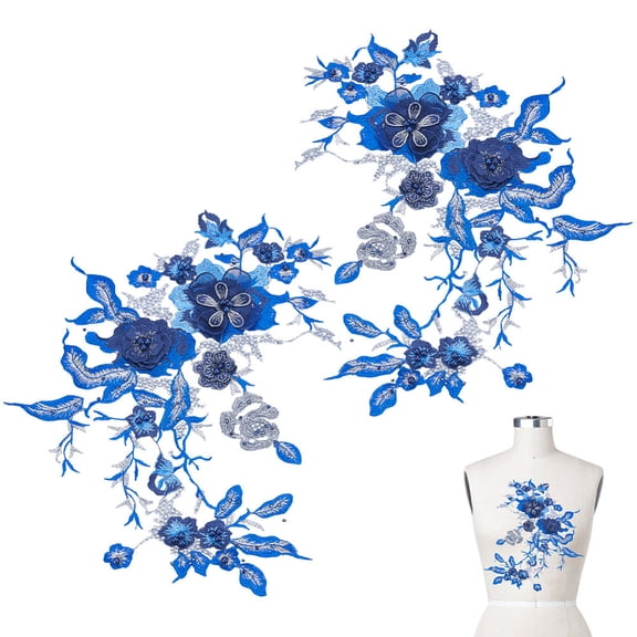 3D Polyester Embroider Thread Iron on/Sew On Patches Cloth Appliques Flower Royal Blue 295x325x7mm