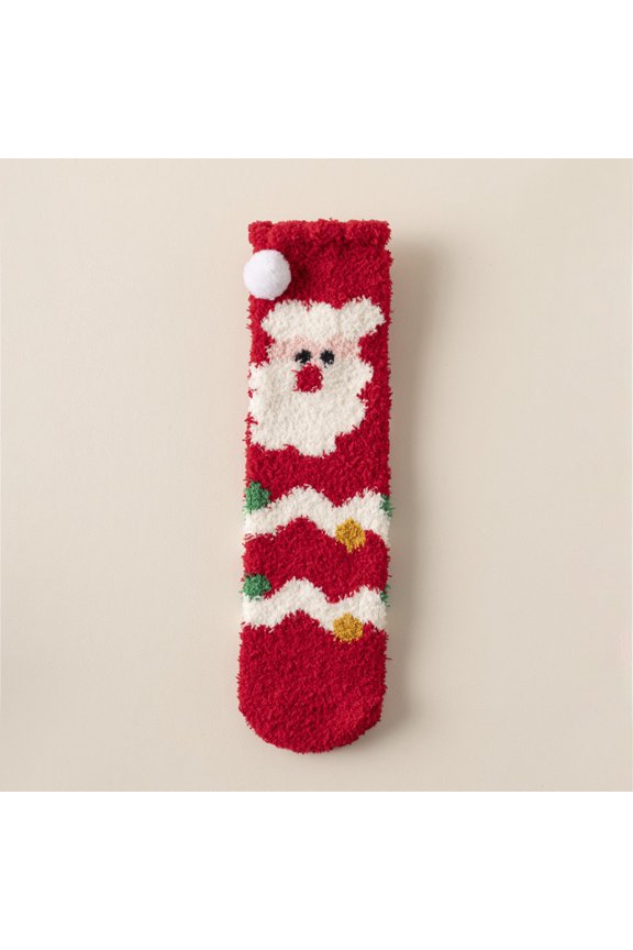 3D Pom Pom Christmas Coral Fleece Mid‑Calf Socks, Cartoon Santa Elk Warm Plush Thermal Socks, Cozy Indoor Lounge Sleep Socks for Men Women Daily Home Wear