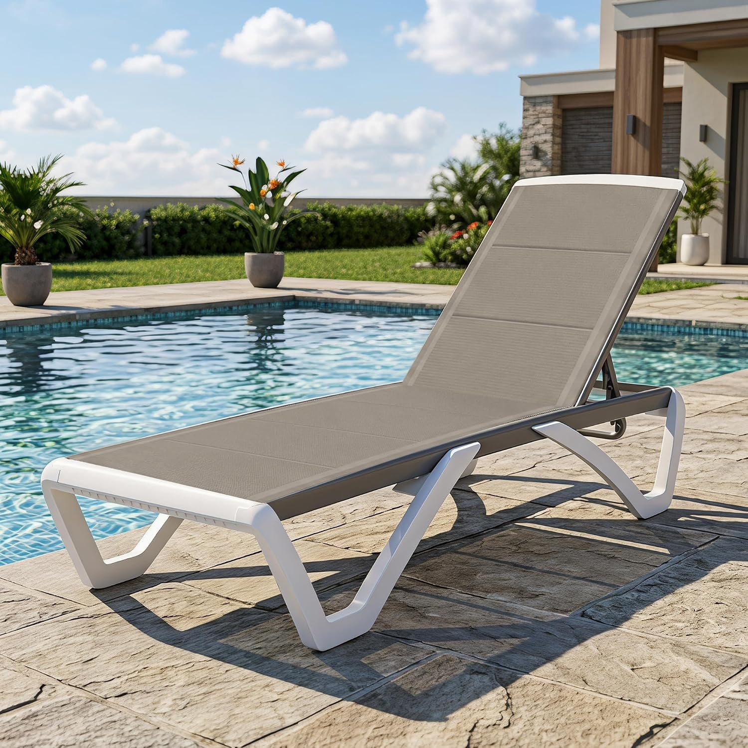 3D Pool Patio Lounger Chair Outdoor Chaise Lounge Chair, Brown, Aluminum Frame, All Weather Pool Lounge Chair for Deck Lawn Backyard