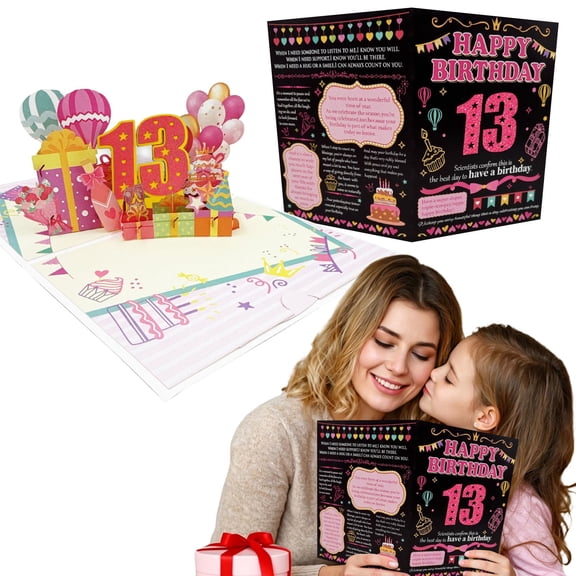 3D Pop Up 13th Birthday Cards, Colorful Milestone Birthday Greeting Cards with Balloons, Cake and Gift Designs, Unique Handmade Foldable Surprise Celebration Cards with Envelope for Gifting