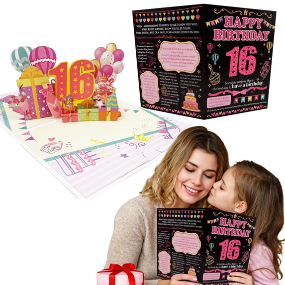 3D Pop Up 16th Birthday Cards, Colorful Milestone Birthday Greeting Cards with Balloons, Cake and Gift Designs, Unique Handmade Foldable Surprise Celebration Cards with Envelope for Gifting