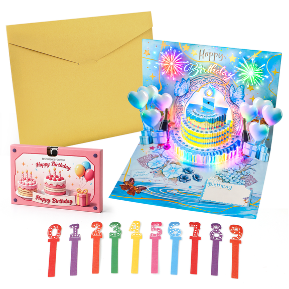 3D Pop Up Birthday Card, with Birthday Song, Fireworks Patterns and Sounds, 3D Candles, Recording Cards. Best Birthday Gifts for Boys, Girls, men and womenBlue