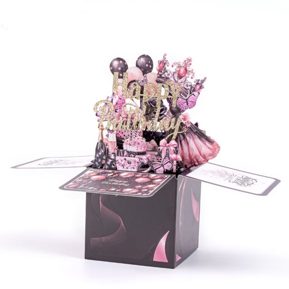 3D Pop Up Birthday Card Box Set, Laser-Cut Paper Sculpture with Pink and Golden Balloons Cake Champagne, Includes Greeting Cards Envelopes and Notes for Birthdays and Valentine's Day