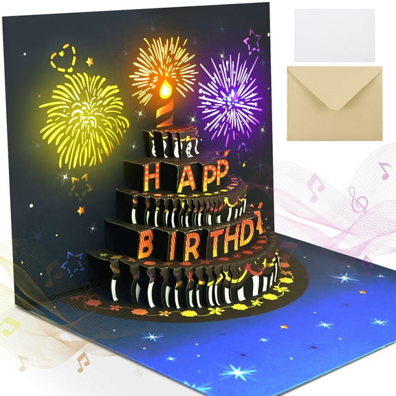 3D Pop Up Birthday Card With Lights And Music, Happy Birthday Greeting Card With LED Fireworks And Cake, Musical Birthday Card For Friends And Family (7x7 Inches),Style 1