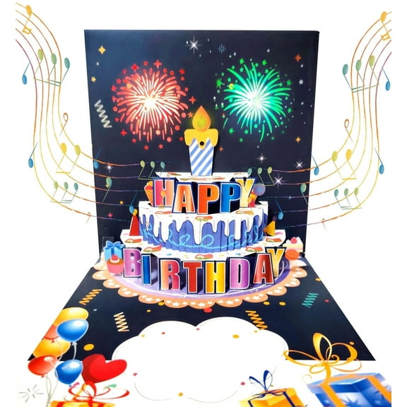 3D Pop Up Firework Birthday Cards, Musical LED Lights Birthday Card, Unique Handmade Foldable Celebration Cards, Birthday Gift for Women, Men, Mom, Dad, Son, Daughter